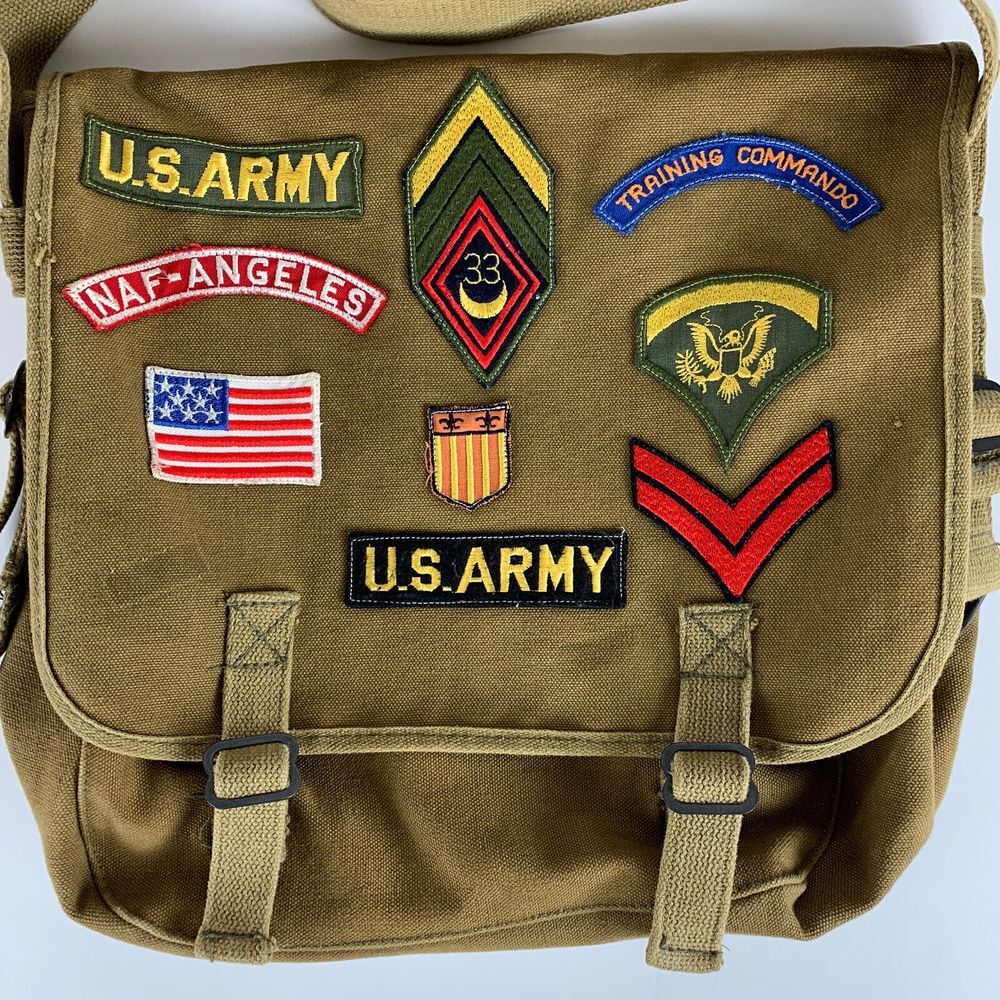 Vtg NafNaf France US Army Messenger‎ Bag Green With Patches, Interior Dividers